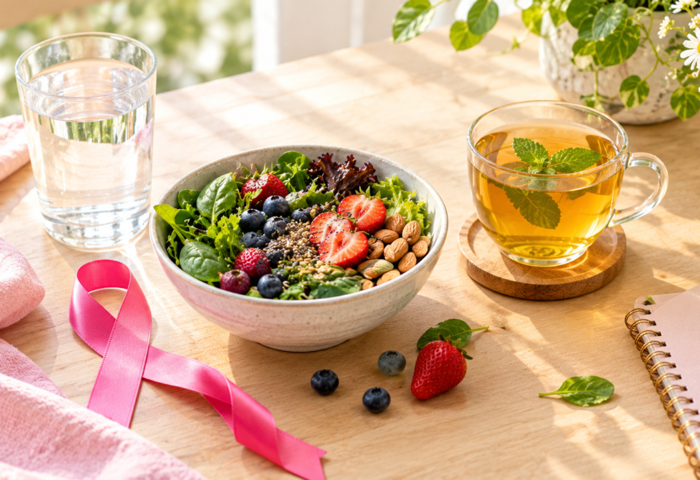 Healthy berries, leafy greens, herbal tea, fresh water, and a pink awareness ribbon arranged on a wooden table to highlight wellness and breast cancer risk awareness.