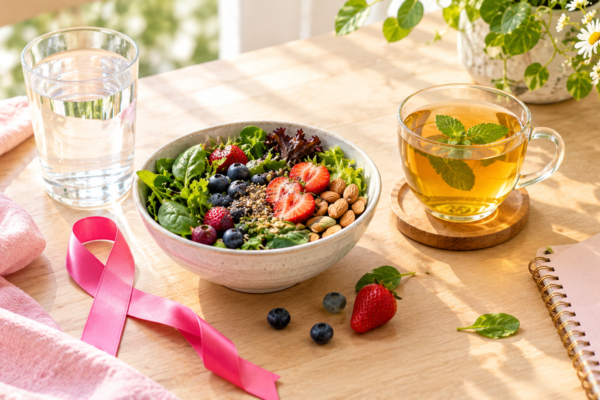 Healthy berries, leafy greens, herbal tea, fresh water, and a pink awareness ribbon arranged on a wooden table to highlight wellness and breast cancer risk awareness.