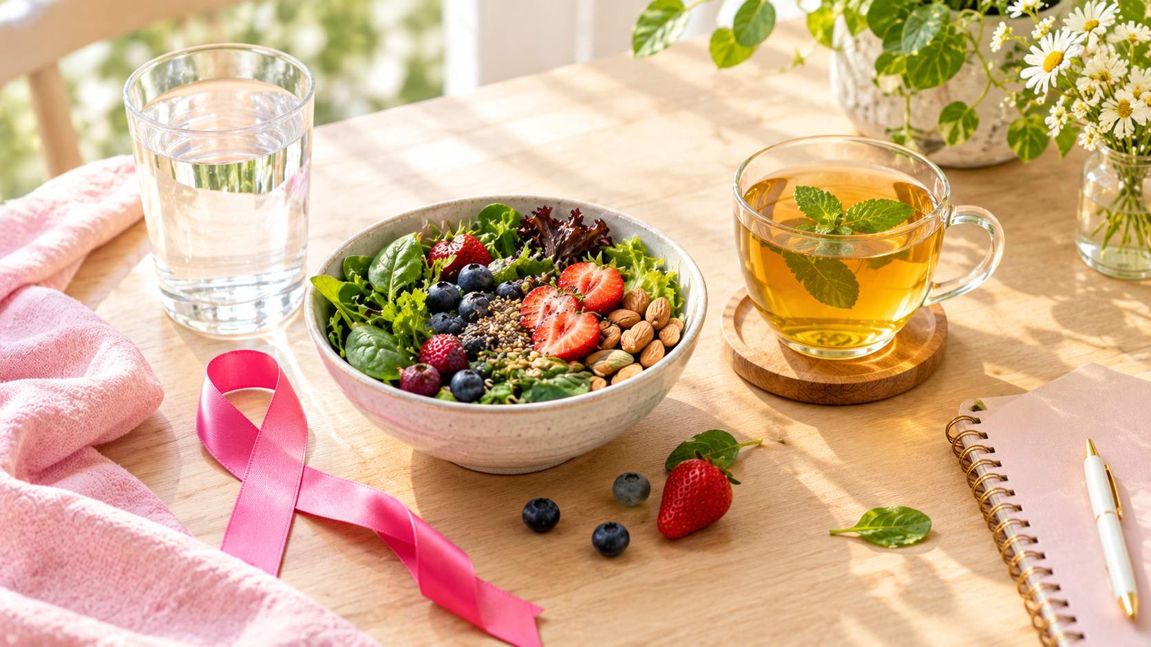Healthy berries, leafy greens, herbal tea, fresh water, and a pink awareness ribbon arranged on a wooden table to highlight wellness and breast cancer risk awareness.